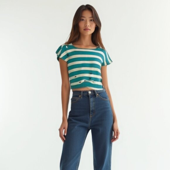 BOUNDARY & CO. Striped Teal and Cream Knit Top L - Picture 1 of 10